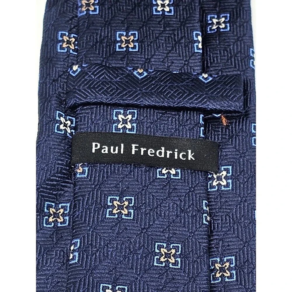 PAUL FREDRICK Navy Blue Tan Geometric Silk Tie Classic Business Formal